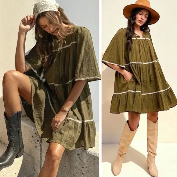 Annie Wear Olive Tiered Mini Babydoll Dress Pockets Short Sleeve NWT - Picture 2 of 15